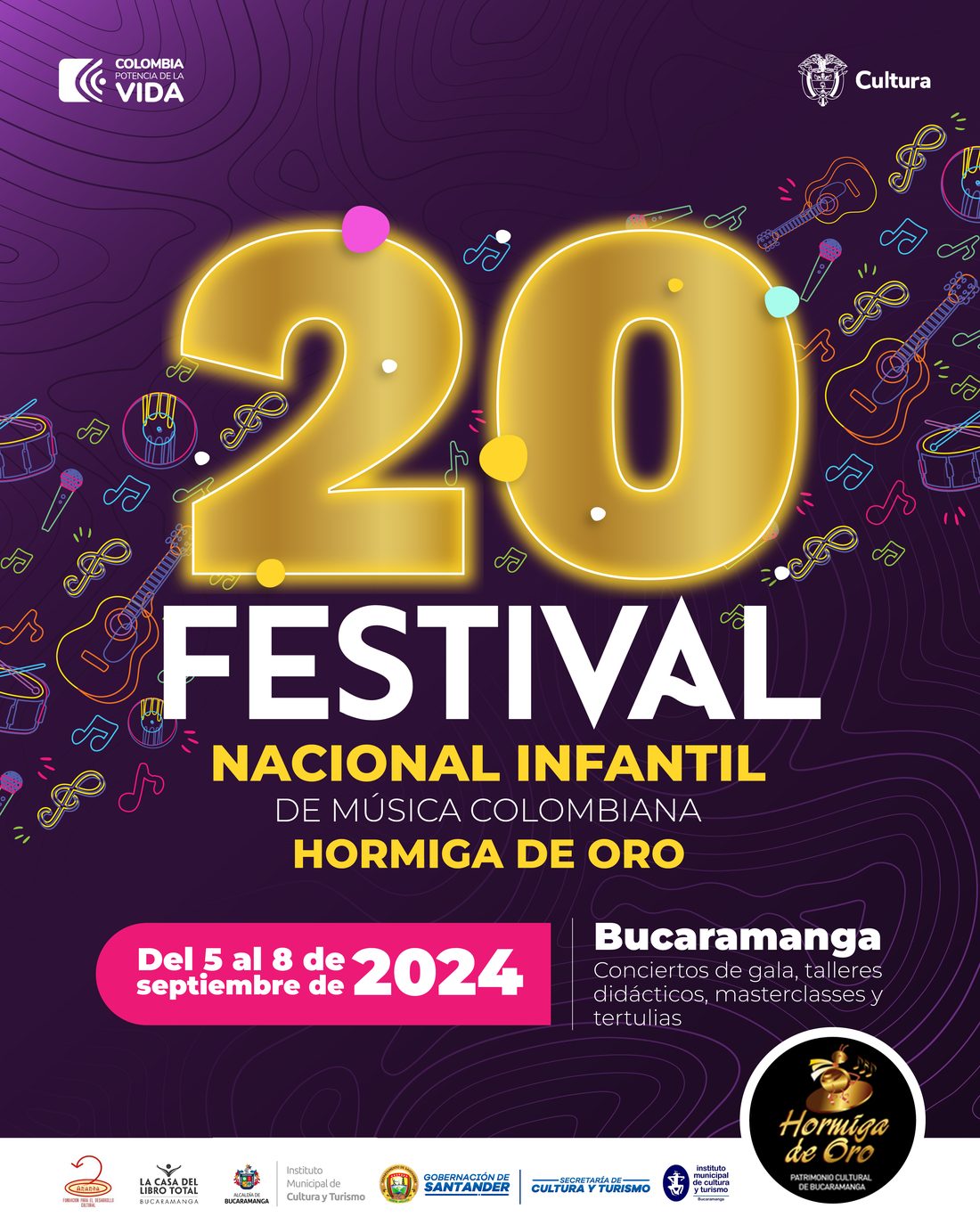 Afiche del 20.º Festival Nacional Infantil de Música Colombiana Hormiga de Oro 2024